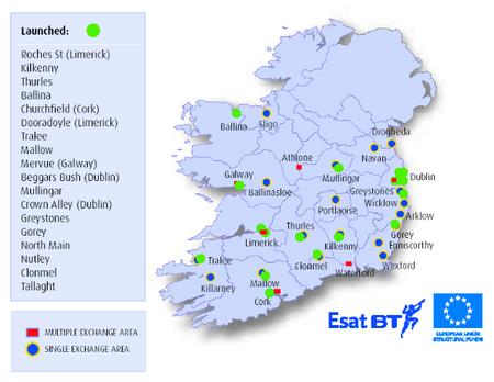 EsatBT DSL rollout. EsatBT is the first telecoms company to introduce DSL to the west of Ireland, offering a package suitable for small businesses/telecommuters for 90EUR + VAT/month. It is expected that a cheaper residental package will be introduced in 2003.